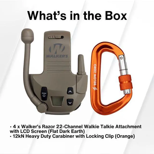 Alt view image 6 of 6 - Walker's Razor 22-Channel Walkie Talkie Attachment with LCD Screen (Flat Dark Earth, 4-Pack) Bundle with BELOW ZERO 12kN Heavy Duty Carabiner with Locking Clip (Orange) (5 Items)