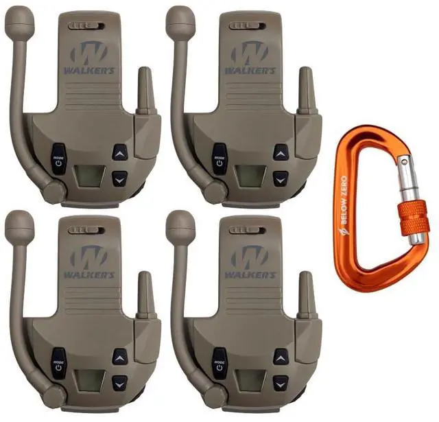 Main image of Walker's Razor 22-Channel Walkie Talkie Attachment with LCD Screen (Flat Dark Earth, 4-Pack) Bundle with BELOW ZERO 12kN Heavy Duty Carabiner with Locking Clip (Orange) (5 Items)