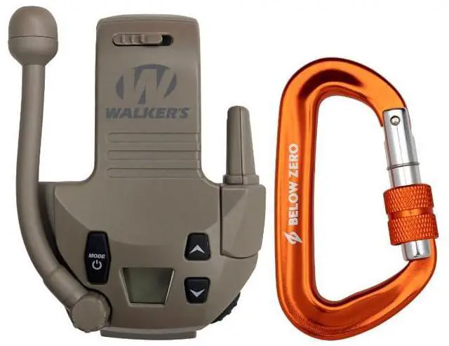 Main image of Walker's Razor 22-Channel Walkie Talkie Attachment with LCD Screen (Flat Dark Earth) Bundle with BELOW ZERO 12kN Heavy Duty Carabiner with Locking Clip (Orange) (2 Items)