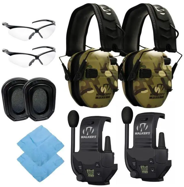 Main image of Walkers Razor Slim Electronic Muff (MultiCam Camo Tan, 2-Pack) Bundle with 2 x Walkie-Talkie Attachment, 2 x Gel Ear Pad, 2 x Shooting Glasses, and 2 x Microfiber Cleaning Cloth (10 Items)