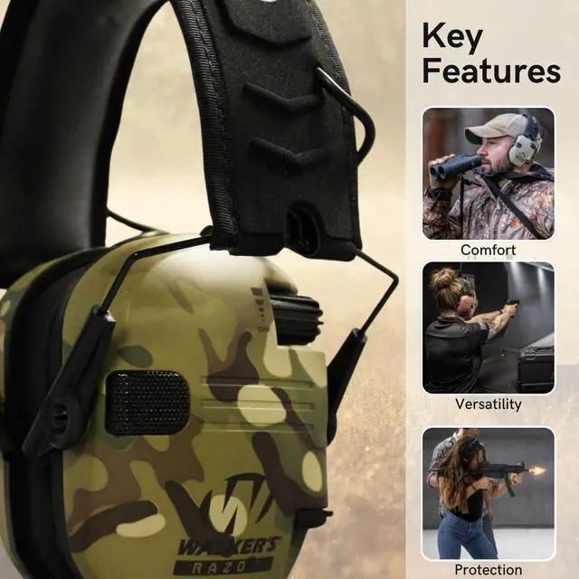 Alt view image 2 of 7 - Walkers Razor Slim Electronic Muff (MultiCam Camo Tan, 2-Pack) Bundle with 2 x Walkie-Talkie Attachment, 2 x Gel Ear Pad, 2 x Shooting Glasses, and 2 x Microfiber Cleaning Cloth (10 Items)