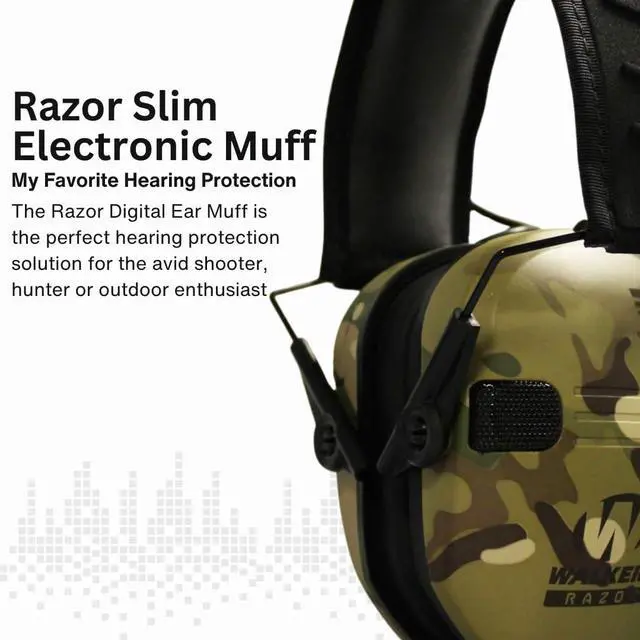 Alt view image 3 of 7 - Walkers Razor Slim Electronic Muff (MultiCam Camo Tan, 2-Pack) Bundle with 2 x Walkie-Talkie Attachment, 2 x Gel Ear Pad, 2 x Shooting Glasses, and 2 x Microfiber Cleaning Cloth (10 Items)