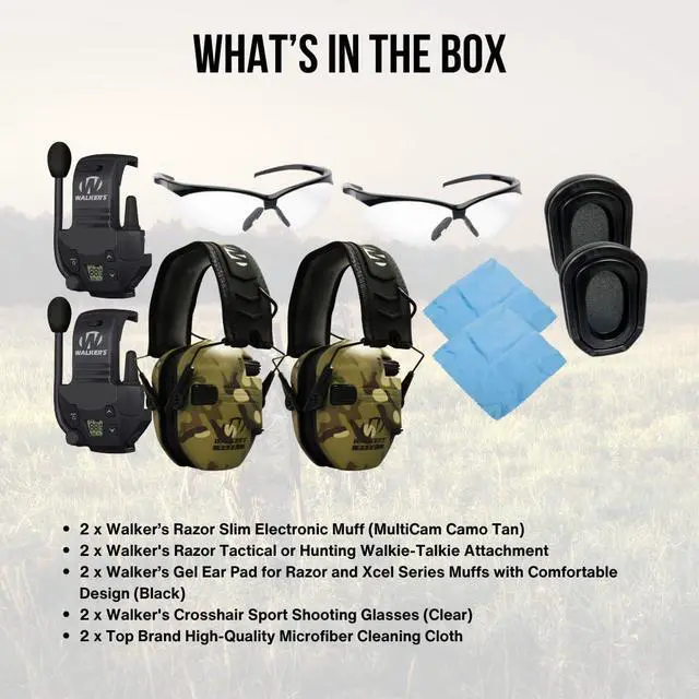 Alt view image 7 of 7 - Walkers Razor Slim Electronic Muff (MultiCam Camo Tan, 2-Pack) Bundle with 2 x Walkie-Talkie Attachment, 2 x Gel Ear Pad, 2 x Shooting Glasses, and 2 x Microfiber Cleaning Cloth (10 Items)