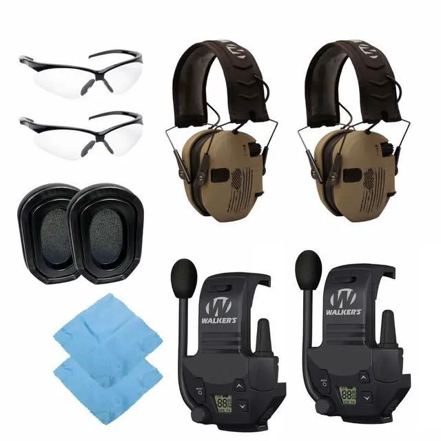 Main image of Walker's Razor Slim Electronic Earmuffs (Distressed Flag, 2-Pack) Bundle with Walkie Talkie Attachment (2-Pack), Ear Pad (Black, 2-Pack), Glasses (Clear, 2-Pack), and Cloth (2-Pack) (10 Items)