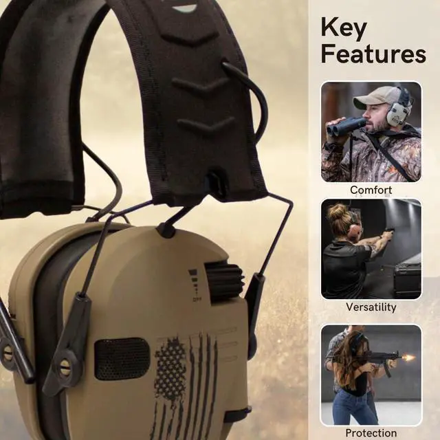 Alt view image 2 of 7 - Walker's Razor Slim Electronic Earmuffs (Distressed Flag, 2-Pack) Bundle with Walkie Talkie Attachment (2-Pack), Ear Pad (Black, 2-Pack), Glasses (Clear, 2-Pack), and Cloth (2-Pack) (10 Items)