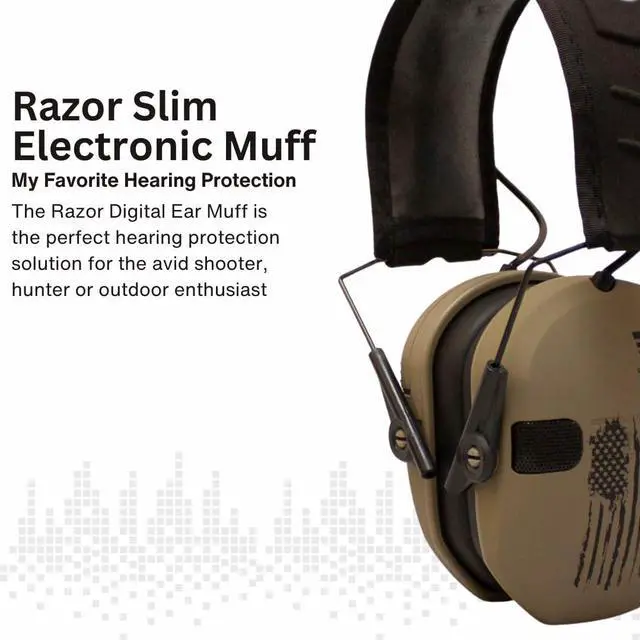 Alt view image 3 of 7 - Walker's Razor Slim Electronic Earmuffs (Distressed Flag, 2-Pack) Bundle with Walkie Talkie Attachment (2-Pack), Ear Pad (Black, 2-Pack), Glasses (Clear, 2-Pack), and Cloth (2-Pack) (10 Items)
