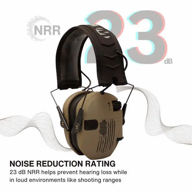 Alt view image 5 of 7 - Walker's Razor Slim Electronic Earmuffs (Distressed Flag, 2-Pack) Bundle with Walkie Talkie Attachment (2-Pack), Ear Pad (Black, 2-Pack), Glasses (Clear, 2-Pack), and Cloth (2-Pack) (10 Items)
