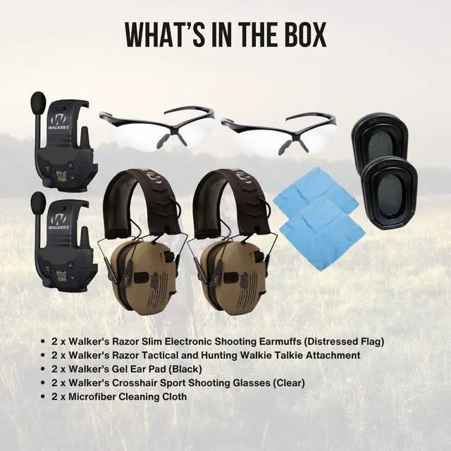 Alt view image 7 of 7 - Walker's Razor Slim Electronic Earmuffs (Distressed Flag, 2-Pack) Bundle with Walkie Talkie Attachment (2-Pack), Ear Pad (Black, 2-Pack), Glasses (Clear, 2-Pack), and Cloth (2-Pack) (10 Items)
