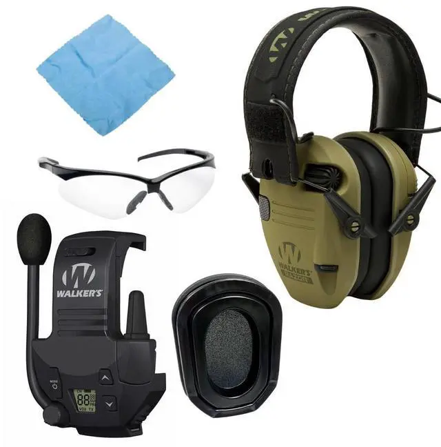 Main image of Walkers Razor Slim Electronic Muff (OD GRN Patriot) Bundle with Walkie-Talkie Attachment, Gel Ear Pad, Shooting Glasses, and Microfiber Cleaning Cloths (5 Items)