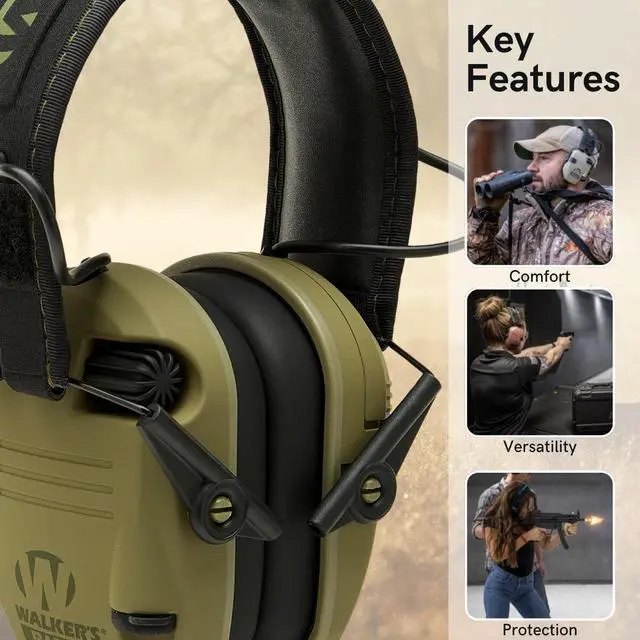 Alt view image 2 of 6 - Walkers Razor Slim Electronic Muff (OD GRN Patriot) Bundle with Walkie-Talkie Attachment, Gel Ear Pad, Shooting Glasses, and Microfiber Cleaning Cloths (5 Items)