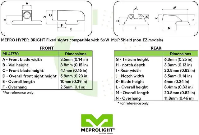 Alt view image 7 of 7 - Meprolight ML-41770 HVS Fixed Self Illuminated Green Front and Rear Day/Night Sight for Smith & Wesson M&P Shield