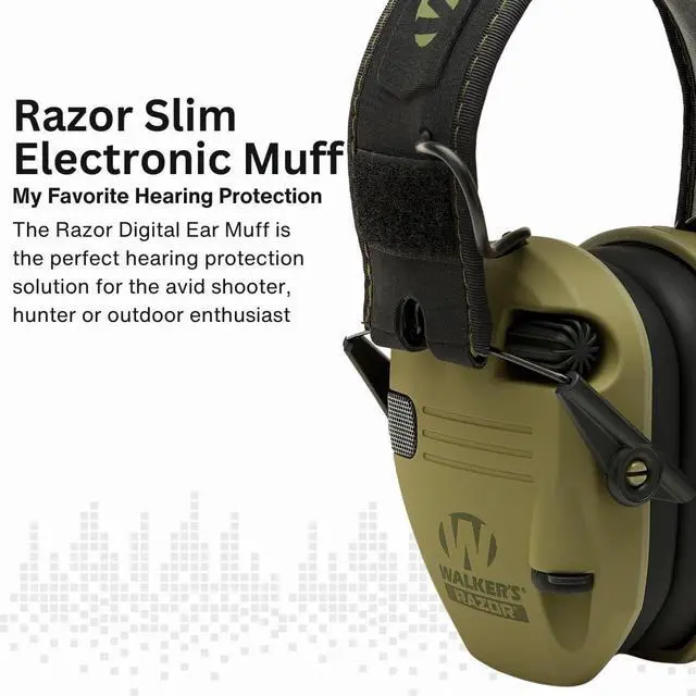 Alt view image 5 of 6 - Walkers Razor Slim Electronic Muff (OD GRN Patriot) Bundle with Walkie-Talkie Attachment, Gel Ear Pad, Shooting Glasses, and Microfiber Cleaning Cloths (5 Items)