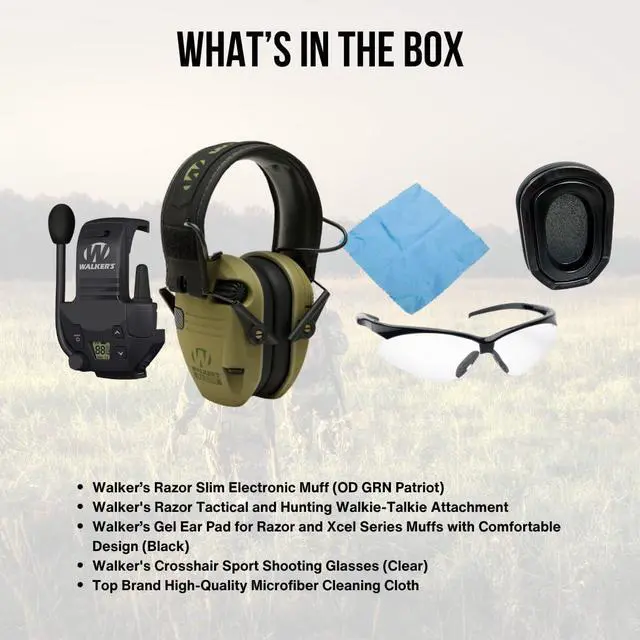 Alt view image 6 of 6 - Walkers Razor Slim Electronic Muff (OD GRN Patriot) Bundle with Walkie-Talkie Attachment, Gel Ear Pad, Shooting Glasses, and Microfiber Cleaning Cloths (5 Items)