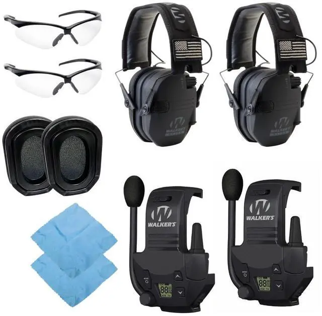 Main image of Walker's Razor Slim Electronic Muff (Black Patriot Version, 2-Pack) Bundle with 2 x Walkie-Talkie Attachment, 2 x Gel Ear Pad, 2 x Shooting Glasses, and 2 x Microfiber Cleaning Cloths (10 Items)