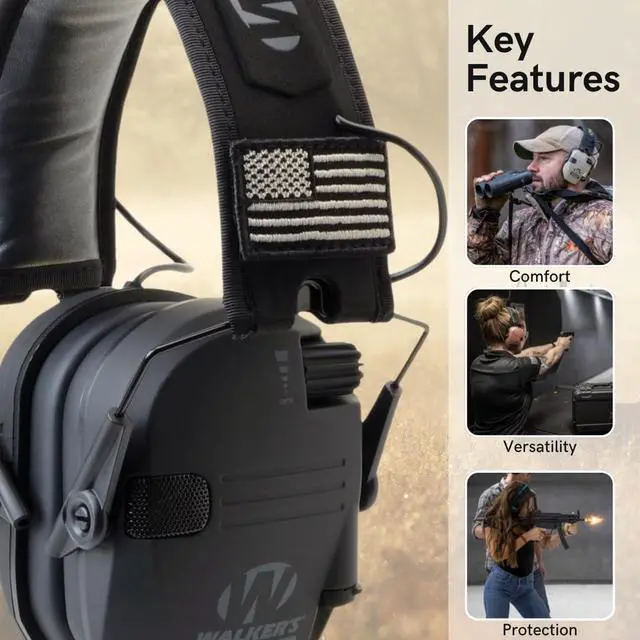 Alt view image 2 of 7 - Walker's Razor Slim Electronic Muff (Black Patriot Version) Bundle with Walkie-Talkie Attachment, Gel Ear Pad, Shooting Glasses, and Microfiber Cleaning Cloths (5 Items)