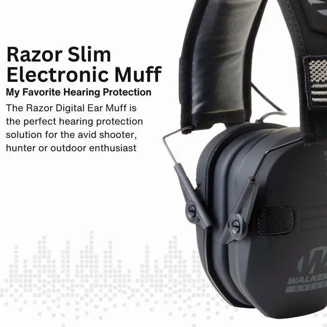 Alt view image 3 of 7 - Walker's Razor Slim Electronic Muff (Black Patriot Version) Bundle with Walkie-Talkie Attachment, Gel Ear Pad, Shooting Glasses, and Microfiber Cleaning Cloths (5 Items)