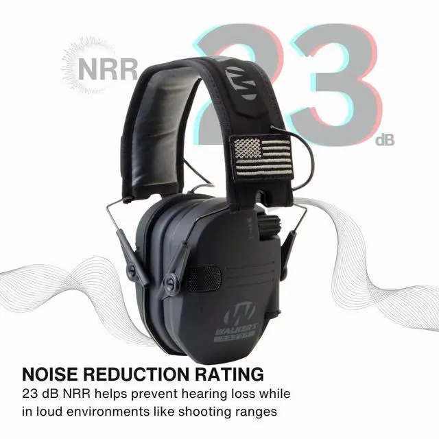 Alt view image 5 of 7 - Walker's Razor Slim Electronic Muff (Black Patriot Version) Bundle with Walkie-Talkie Attachment, Gel Ear Pad, Shooting Glasses, and Microfiber Cleaning Cloths (5 Items)