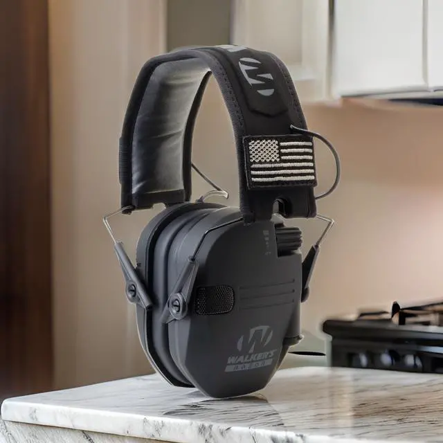 Alt view image 6 of 7 - Walker's Razor Slim Electronic Muff (Black Patriot Version) Bundle with Walkie-Talkie Attachment, Gel Ear Pad, Shooting Glasses, and Microfiber Cleaning Cloths (5 Items)