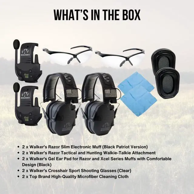 Alt view image 7 of 7 - Walker's Razor Slim Electronic Muff (Black Patriot Version, 2-Pack) Bundle with 2 x Walkie-Talkie Attachment, 2 x Gel Ear Pad, 2 x Shooting Glasses, and 2 x Microfiber Cleaning Cloths (10 Items)