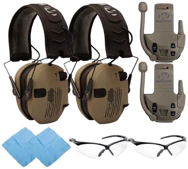 Main image of Walker's Razor Slim Electronic Hearing Muff (Distressed Flag) Bundle with Walkie Talkie Attachment (Flat Dark Earth) (2-Pack), Sport Glasses (Clear) (2-Pack), and Cleaning Cloth (2-Pack) (8 Items)