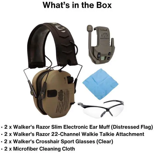 Alt view image 6 of 6 - Walker's Razor Slim Electronic Hearing Muff (Distressed Flag) Bundle with Walkie Talkie Attachment (Flat Dark Earth) (2-Pack), Sport Glasses (Clear) (2-Pack), and Cleaning Cloth (2-Pack) (8 Items)