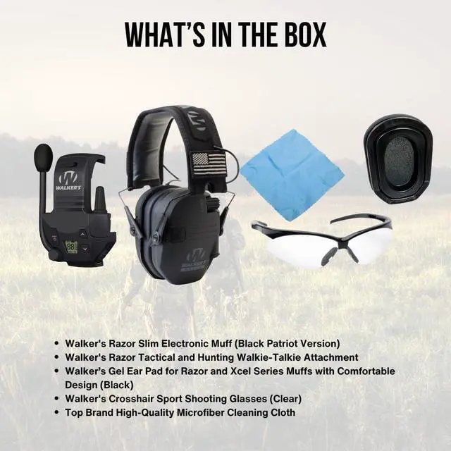 Alt view image 7 of 7 - Walker's Razor Slim Electronic Muff (Black Patriot Version) Bundle with Walkie-Talkie Attachment, Gel Ear Pad, Shooting Glasses, and Microfiber Cleaning Cloths (5 Items)