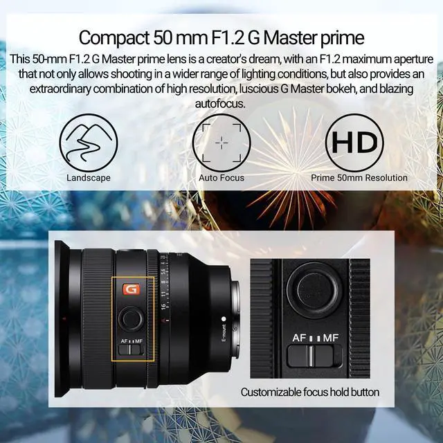Alt view image 2 of 7 - Sony FE 50mm f/1.2 GM Full-Frame Large-Aperture G Master Lens - Ultra Sharp Focus and Bokeh Control and Weather Sealing Bundle with Editing Software, 64GB Memory Card, and Camera Case (4 Items)