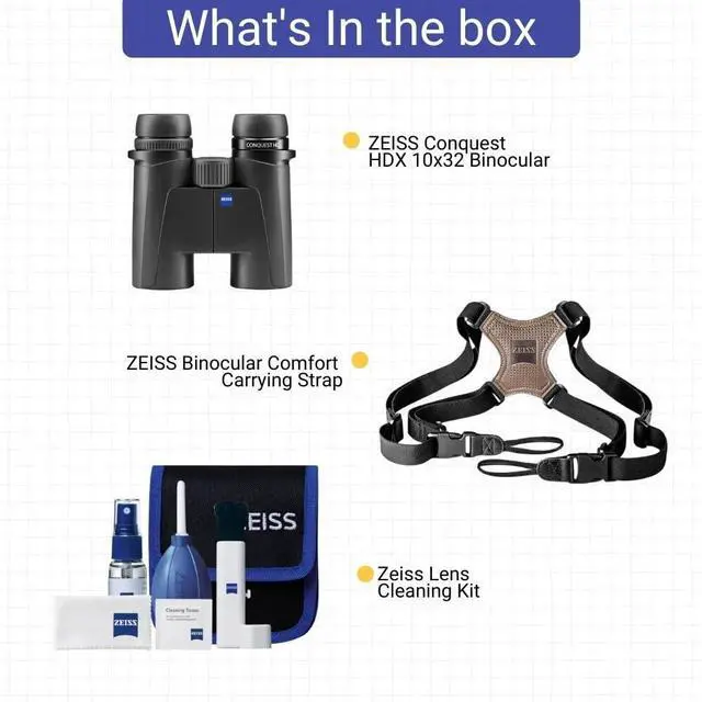 Alt view image 7 of 7 - Zeiss Conquest HDX 10x32 Binocular with 90 Percent Light Transmission and Rugged Design (Black) Bundle with Zeiss Binocular Comfort Carrying Strap and Zeiss Lens Cleaning Kit (3 Items)