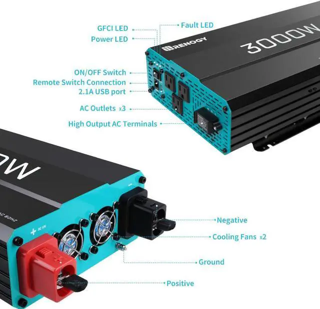Alt view image 2 of 7 - Renogy 3000W 12V Pure Sine Wave Inverter