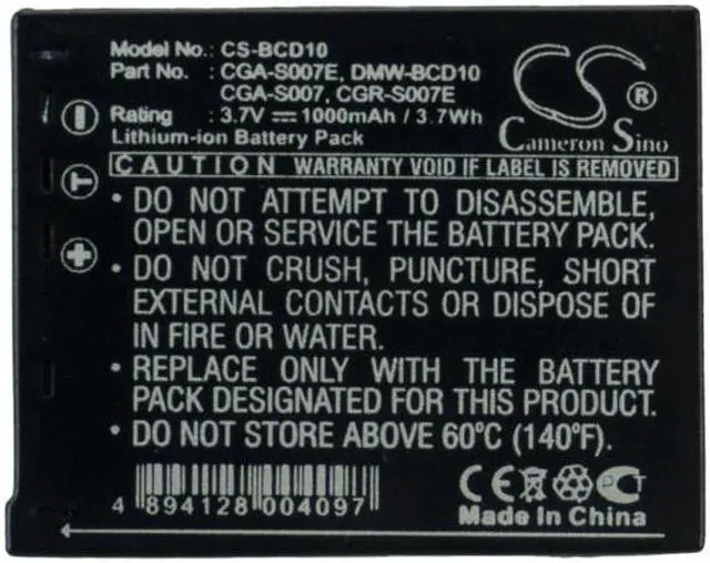 Alt view image 10 of 10 - 1000mAh CGA-S007 Battery for Panasonic Lumix DMC-TZ1, DMC-TZ2, DMC-TZ3, DMC-TZ4, DMC-TZ5