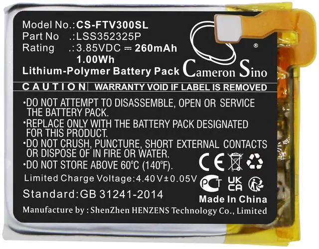 Alt view image 3 of 4 - Battery for Fitbit Versa 3 LSS352325P Smartwatch CS-FTV300SL 3.85v 260mAh 1.00Wh