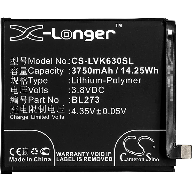 Alt view image 3 of 4 - Battery for Lenovo K6 Note Dual SIM K8 Plus BL273 CS-LVK630SL 14.25Wh X-Longer