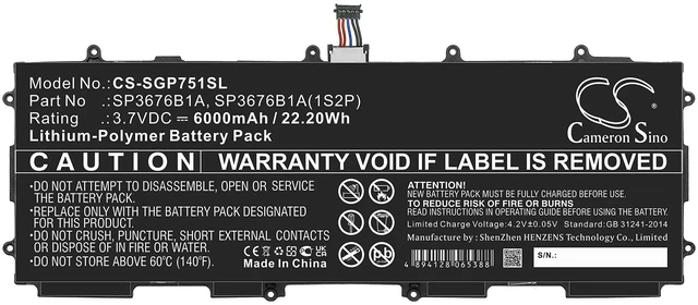 Alt view image 3 of 6 - Battery for Samsung Galaxy Note 10.1 Tab 2 GH43-03562B SP3676B1A SP3676B1A(1S2P)
