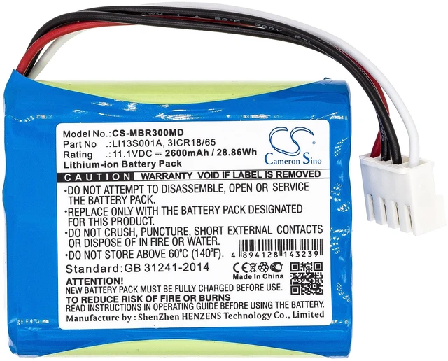 Alt view image 3 of 6 - Battery for Mindray BeneHeart R3 uMEC10 uMEC12 115-037896-00 3ICR18/65 LI13S001A