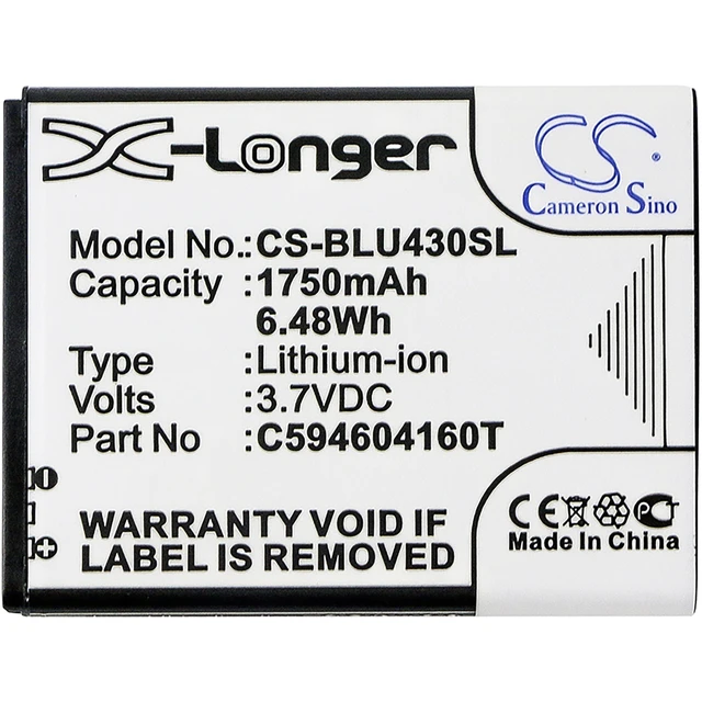 Alt view image 3 of 5 - Battery for BLU D910A VIVO 4.3 C594604160T Mobile SmartPhone CS-BLU430SL 1750mAh