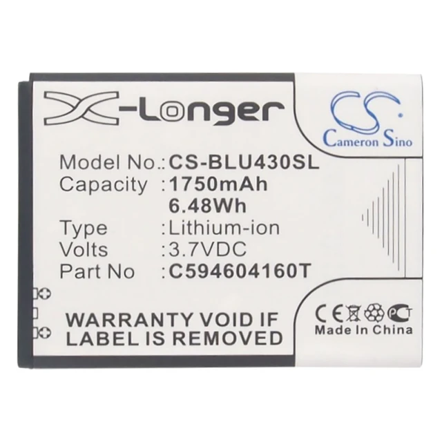 Alt view image 5 of 5 - Battery for BLU D910A VIVO 4.3 C594604160T Mobile SmartPhone CS-BLU430SL 1750mAh