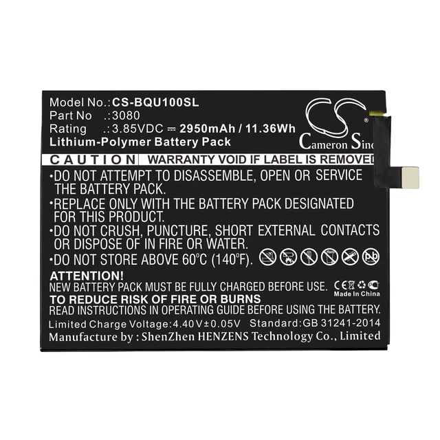 Alt view image 3 of 4 - Battery for BQ Aquaris U Lite Plus 3080 Mobile SmartPhone CS-BQU100SL 2950mAh
