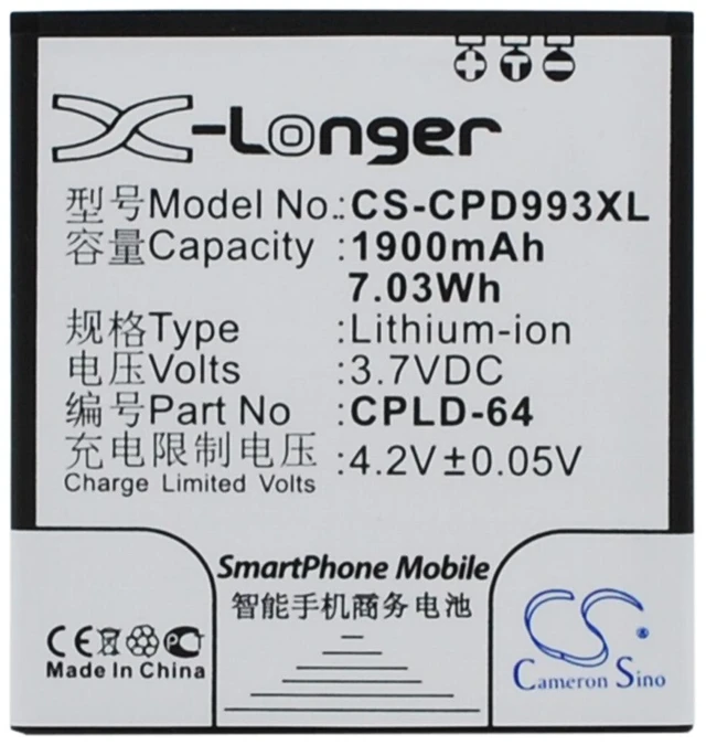 Main image of Battery for Coolpad 9930 W702 CPLD-64 Mobile SmartPhone CS-CPD993XL 3.7v 1900mAh