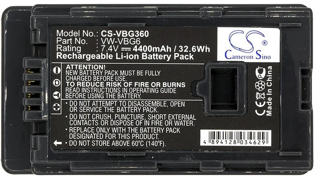 Alt view image 3 of 5 - Battery for Panasonic HDC-HS250 VDR-D58GK VW-VBG6 VW-VBG6GK VW-VBG6-K VW-VBG6PPK