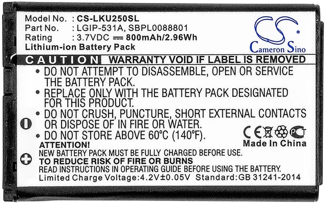 Alt view image 3 of 3 - Battery for T-Mobile LG 236C 237C 440G B470 500G A100 A170 LGIP-531A SBPL0088801