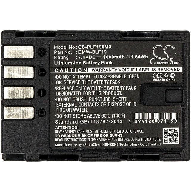 Alt view image 3 of 5 - Battery for Panasonic Lumix DMC-GH3GK DMC-GH3H GH4 DMW-BLF19 DMW-BLF19E 1600mAh