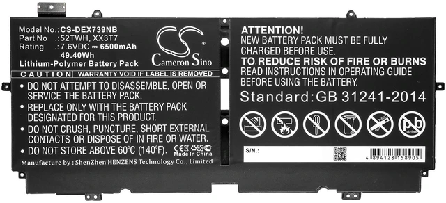 Alt view image 3 of 5 - Battery for DELL XPS 13 7390 52TWH XX3T7 Notebook Laptop CS-DEX739NB 6500mAh