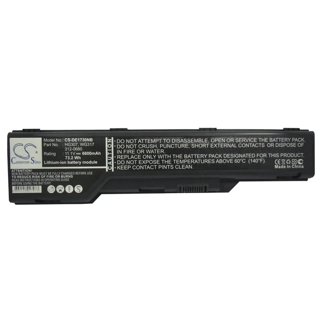Alt view image 5 of 5 - Battery for DELL XPS M1730 312-0680 HG307 WG317 Notebook CS-DE1730NB 6600mAh