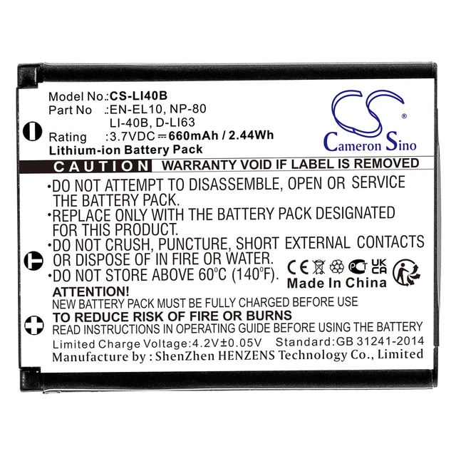 Alt view image 3 of 5 - Battery for NIKON EN-EL10 Olympus LI-40B LI-42B Casio NP-80 NP-82 Pentax D-LI63