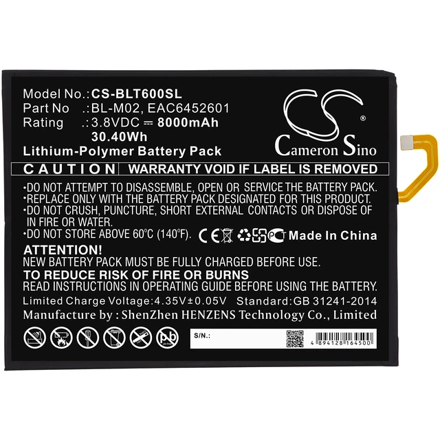 Alt view image 3 of 5 - Battery for LG BL-M02 EAC6452601 G Pad 5 LM-T600L LM-T600QS LM-T600VS LM-T600TS