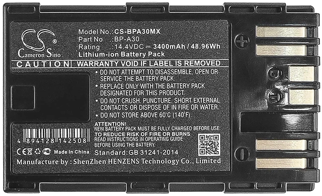 Alt view image 5 of 5 - Battery for Canon CA-CP200L EOS C200 PL C200B C300 Mark II XF705 BP-A30 3400mAh