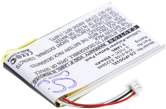 Alt view image 2 of 5 - Battery for Apple iPOD 3rd Gen iPod3 20GB M9244LL/A 30GB 616-0159 E225846 850mAh
