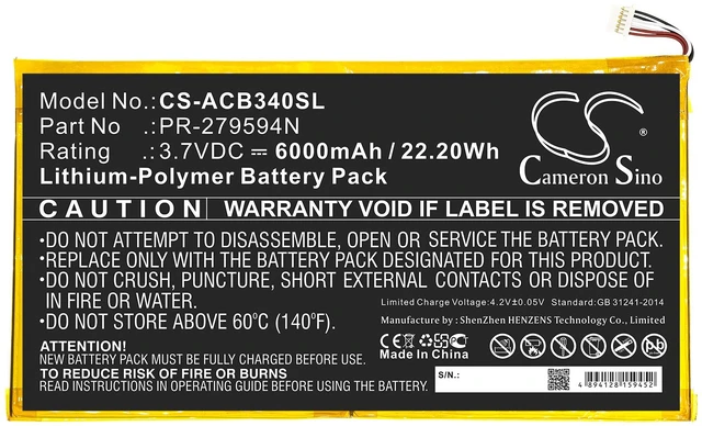 Alt view image 3 of 5 - Battery for Acer Iconia One 10 B3-A40 PR-279594N PR-279594N(1ICP3/95/94-2) 6Pin