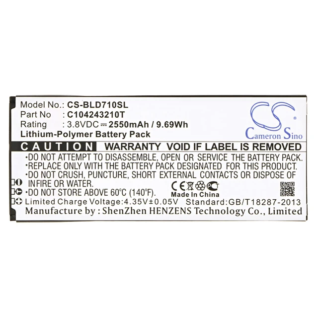Alt view image 5 of 5 - Battery for BLU D710 D710X N030 N030L Neo 5.5 Studio K C104243210T CS-BLD710SL
