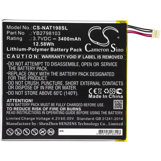Alt view image 3 of 6 - Battery for ONN ONA19TB002 Tablet 8 8" YB2798103 CS-NAT198SL 3400mAh 12.58Wh